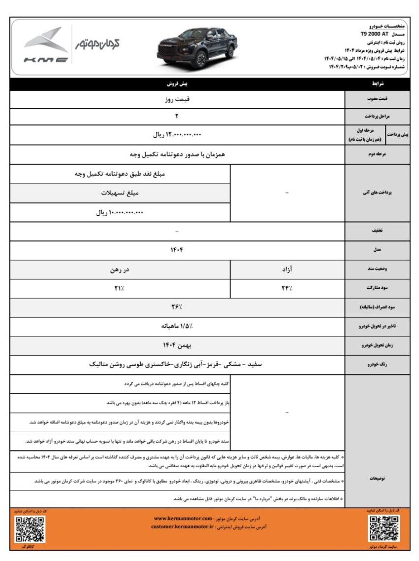 طرح جدید پیش فروش محصولات کرمان موتور (مرداد 1404)
