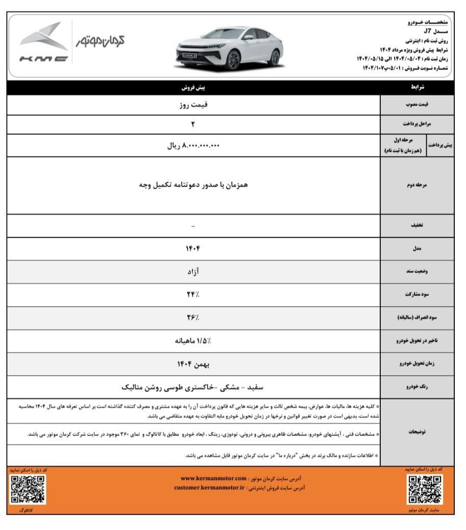 طرح جدید پیش فروش محصولات کرمان موتور (مرداد 1404)
